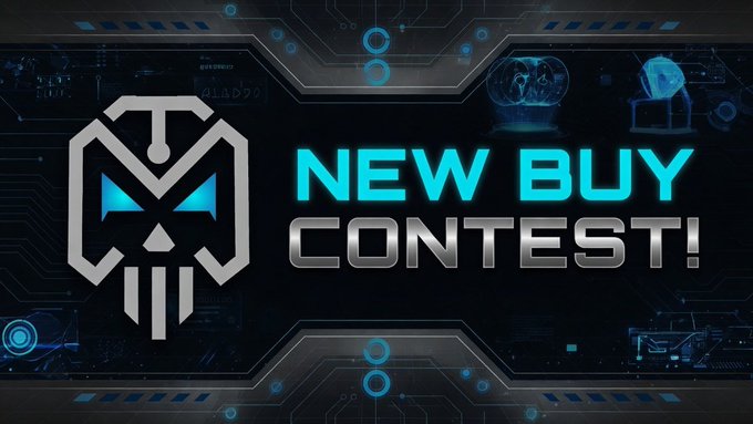 A futuristic blue and silver banner with a metallic skull logo announces "NEW BUY CONTEST!" in bold lettering, promoting a giveaway with a 1.0 SOL jackpot and 200 entry spots for the characcon (#CHARACCON) token on Telegram.