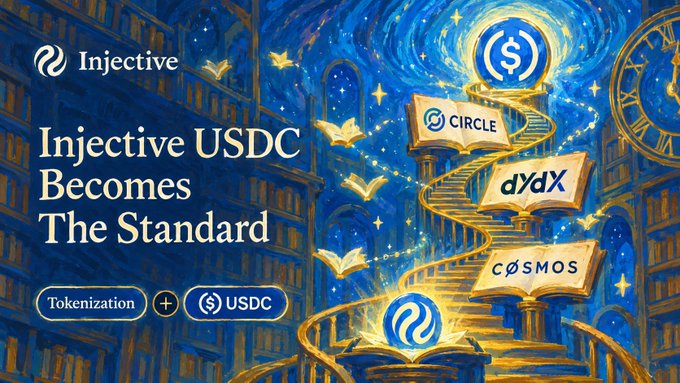 The image is a promotional graphic for Injective, styled like Vincent van Gogh's "Starry Night," featuring open books displaying logos for Circle, dYdX, and Cosmos alongside a USDC coin symbol, with the headline "Injective USDC Becomes The Standard" and tags for "Tokenization + USDC." The artwork visually represents Injective's partnership with Circle, Cosmos, and dYdX to establish USDC.inj as the standard USDC for the Cosmos ecosystem.