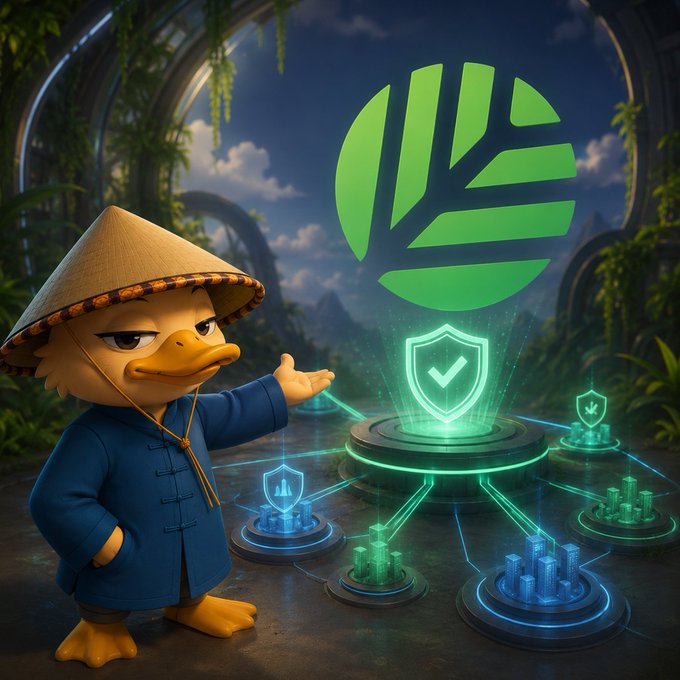 A 3D-rendered duck character in a blue traditional shirt and conical hat, gesturing toward a glowing green leaf logo surrounded by technological nodes and shields.