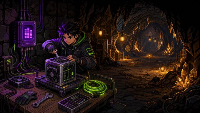 A vibrant digital illustration in an anime or cyberpunk style, showing a young male character with spiky hair working on a glowing green technological device at a wooden workbench. The setting is a dark, cavernous mine lit by hanging lanterns, with glowing yellow crystals protruding from the rocky walls.