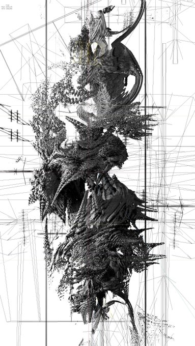 A black and white surreal digital artwork featuring a complex, spiky vertical form resembling an abstract creature or skull, surrounded by thin geometric line work on a white background.