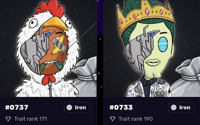 Two character cards show a chicken labeled “#0737” and a crowned man labeled “#0733”; both are marked “Iron,” with trait ranks 171 and 190 respectively.