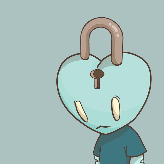 A cartoon character with a light blue heart-shaped head shaped like a padlock, featuring an unlocked shackle and a keyhole, wears a teal shirt and looks down with a hesitant expression—visually illustrating the "Less Than Three" (<3) pun, where the padlock's open heart symbolizes a less-than-whole or incomplete love.