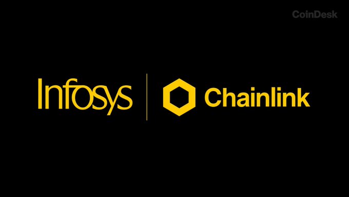 The image shows the logos of Infosys and Chainlink displayed side by side in yellow text on a black background, separated by a vertical line, with a "CoinDesk" watermark in the upper right corner—visually representing the newly announced partnership between the IT giant and the blockchain oracle network.