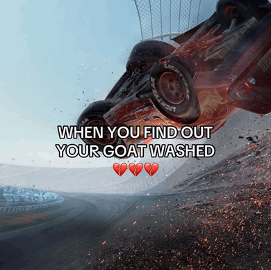 A red race car crashes dramatically through a barrier, sending sparks flying, with the caption "WHEN YOU FIND OUT YOUR COAT WASHED 💔💔💔" overlaid on the image.