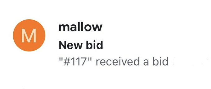 A digital notification card from 'mallow' displaying 'New bid' and the message '"#117" received a bid' next to an orange logo with the letter 'M'.