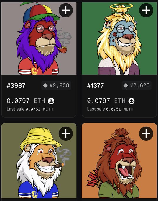 The image displays four 'Lazy Lions' NFTs, all listed at a price of 0.0797 ETH, which aligns with the caption noting that only four items remain priced under 0.08 ETH.