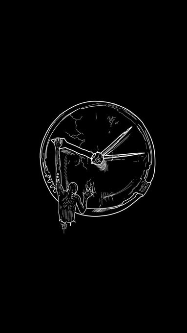 A black and white illustration depicts a figure with raised arms reaching toward a large clock-like circular structure, with the caption 'time waits for no one' implied by the imagery.