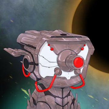 A digitally painted illustration shows a robotic character with a large central red eye and red wiring against a dark, cosmic background.
