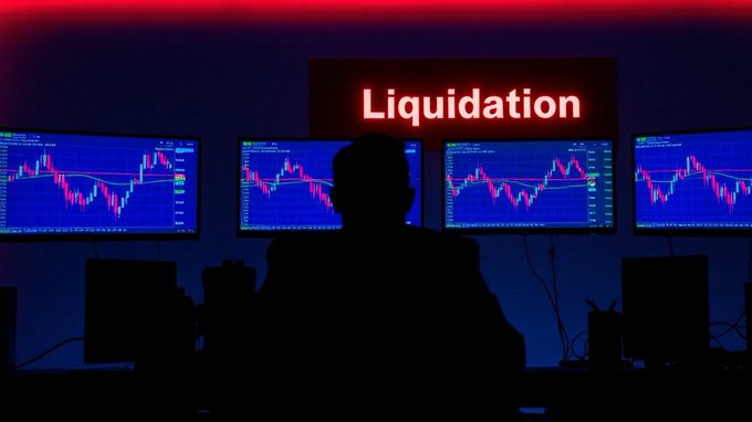 A silhouetted trader sits before multiple monitors displaying candlestick charts, with a glowing red "Liquation" [sic] sign mounted above the screens, visually reinforcing the news of 144,616 crypto traders being liquidated in the past 24 hours.