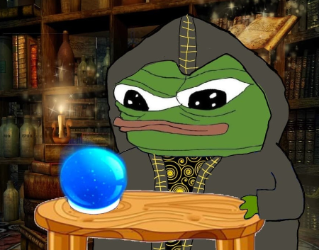 A cartoon Pepe the Frog dressed as a wizard or sorcerer in a black hooded robe with gold trim, standing behind a wooden table with a glowing blue crystal ball, set in a mystical library.