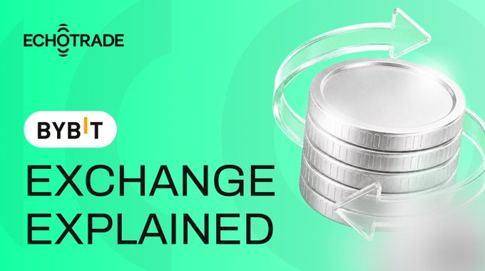 A green promotional graphic featuring the EchoTrade logo, the Bybit logo, and the text "EXCHANGE EXPLAINED" alongside an image of stacked silver coins with circular arrows, illustrating the post's theme of explaining Bybit's selective listing process despite its status as the world's second-largest crypto exchange by trading volume.
