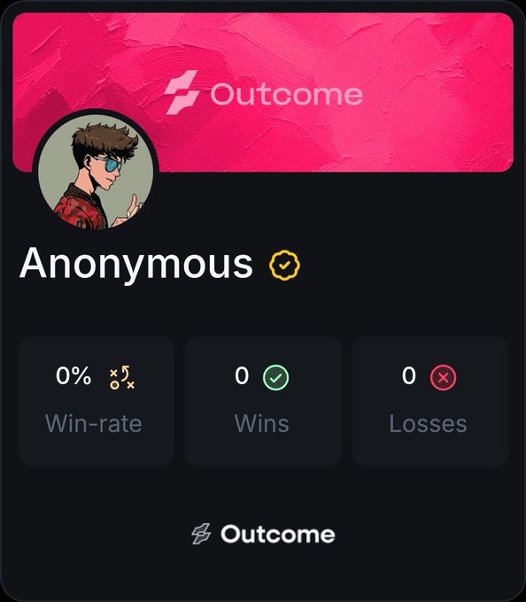 A digital profile card on the 'Outcome' platform featuring an anime-style avatar, the username 'Anonymous' with a verified checkmark, and stats showing 0% win-rate, 0 wins, and 0 losses.