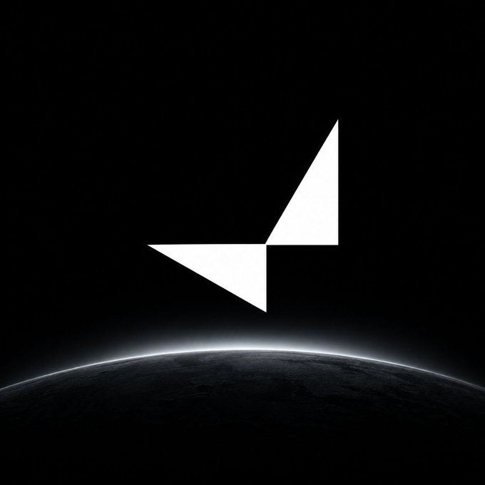 A black logo design featuring geometric white triangles floating above a dark planetary horizon.