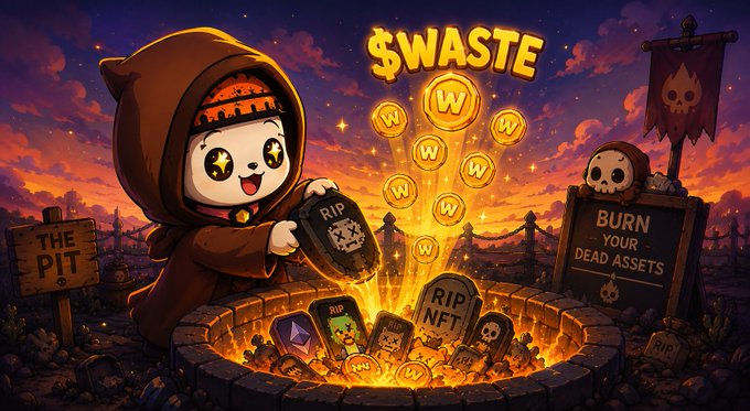 A cartoon illustration featuring a cute grim reaper character in a graveyard, holding a gravestone and coins, with signs reading "THE PIT" and "BURN YOUR DEAD ASSETS," and the word "$WASTE" floating above.