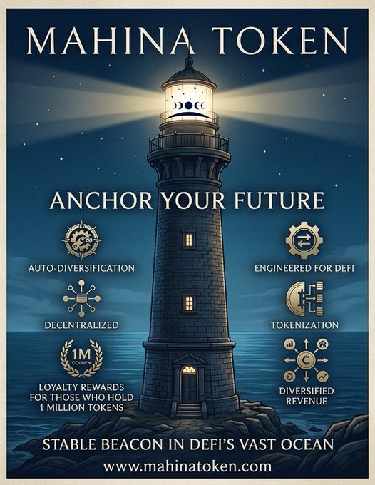 The image is a promotional poster for "MAHINA TOKEN," featuring a lighthouse illustration with the tagline "ANCHOR YOUR FUTURE" and "STABLE BEACON IN DEFI'S VAST OCEAN," highlighting features like auto-diversification, decentralization, DeFi engineering, tokenization, and loyalty rewards for holders of 1 million tokens. It directs viewers to www.mahinatoken.com, aligning with the accompanying hashtag #MHNA for the Mahina Token.