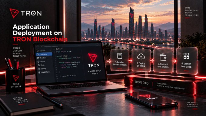 A promotional banner for "TRON Blockchain" showing application deployment features with a laptop displaying code, workflow icons, and a cityscape background.