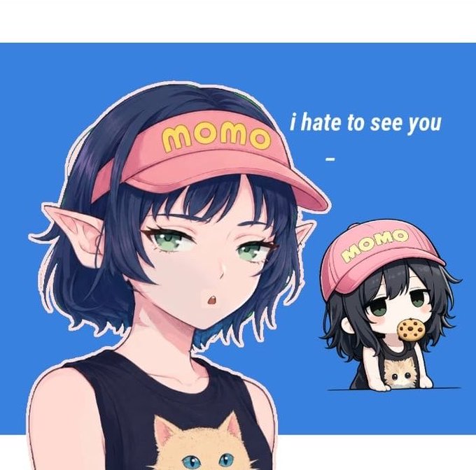 The image features two anime-style characters with dark hair, pointed elf-like ears, and pink "MOMO" visors against a blue background, with the text "i hate to see you" displayed. A smaller chibi version of the character holds a cookie next to a small cat, while the main figure wears a tank top featuring a similar cat design.

The image's melancholic "i hate to see you" caption reflects the post's sentiment about the NFT space losing its original spirit of collecting—evoking a sense of disappointment as meaningful collections are replaced by fleeting hype and quick flips.