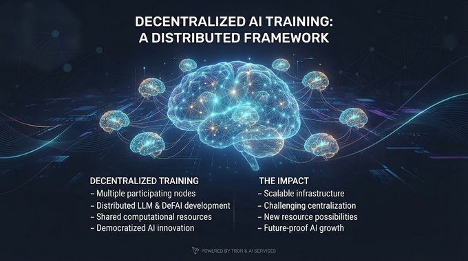 An infographic titled 'DECENTRALIZED AI TRAINING: A DISTRIBUTED FRAMEWORK' showing a glowing brain connected to multiple nodes, with sections on 'DECENTRALIZED TRAINING' and 'THE IMPACT', powered by Tron & AI Services.