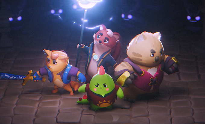 A 3D rendered illustration of four cute anthropomorphic animal characters (a hamster, bear, hedgehog, and dinosaur-like creature) in fantasy armor wielding weapons in a dungeon-like setting.