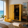 A yellow hotel-style safe with a digital keypad sits in a modern room with a bed, yellow chair, and a window overlooking the ocean.