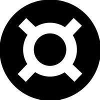 A simple black circular icon featuring a white geometric symbol with a central circle and four diagonal arms ending in squared tips.