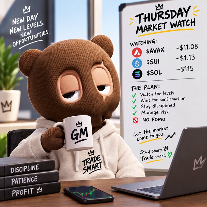 A 3D-rendered bear character wearing a 'TRADE SMART' hoodie holds a 'GM' mug in a 'Thursday Market Watch' scene, showing prices for AVAX (~$11.08), SUI (~$1.13), and SOL (~$115), with trading rules including 'Watch the levels' and 'NO FOMO'.