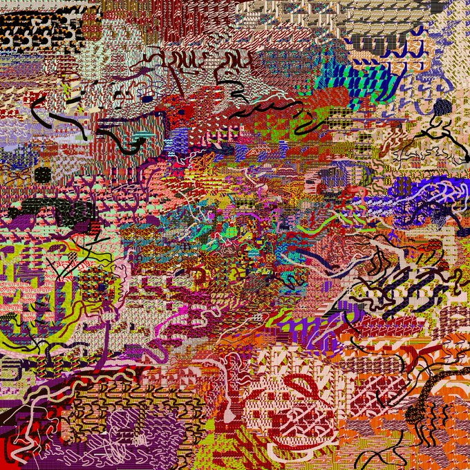 A chaotic, colorful abstract digital artwork featuring layered patterns, squiggles, and distorted faces in vibrant reds, purples, yellows, and greens.