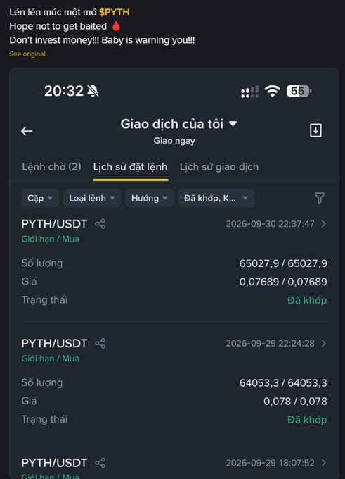 A screenshot of a Vietnamese Telegram post warning 'Lén lén múc một mớ $PYTH / Hope not to get baited / Don't invest money!!! Baby is warning you!!!', showing a trading history for PYTH/USDT on a mobile app interface.