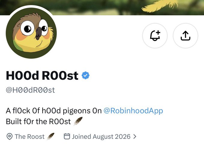 A Twitter/X profile for 'HOOd RO0st' (@H00dR00st) featuring a cartoon pigeon avatar, with the bio reading 'A fl0ck Of h00d pigeons On @RobinhoodApp Built f0r the R00st' and noting it joined August 2026.