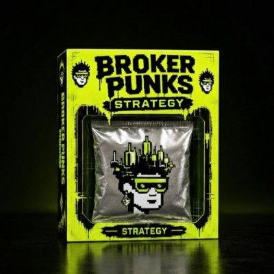 A bright green 'Broker Punks Strategy' NFT box package featuring a pixel-art character with sunglasses and a city skyline.