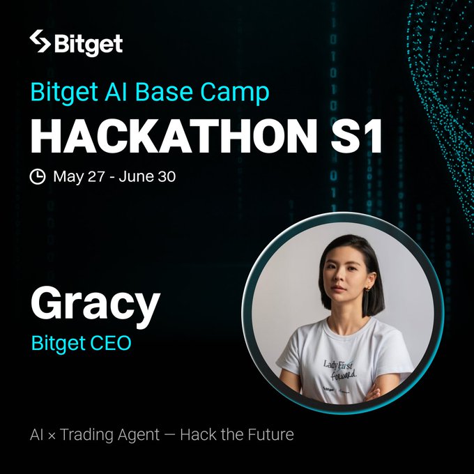 The image features a woman wearing a white shirt, standing against a black background with a logo for Bitget AI Base Camp Hackathon S1. The text "@GracyBitget will be judging Bitget AI Hackathon S1." indicates that a judge from Bitget is evaluating the ideas presented in this post. The post also mentions an AI trading idea and encourages users to follow @bitget_AI and register for the campaign: bitget.com/campaigns/d8a2 ... .