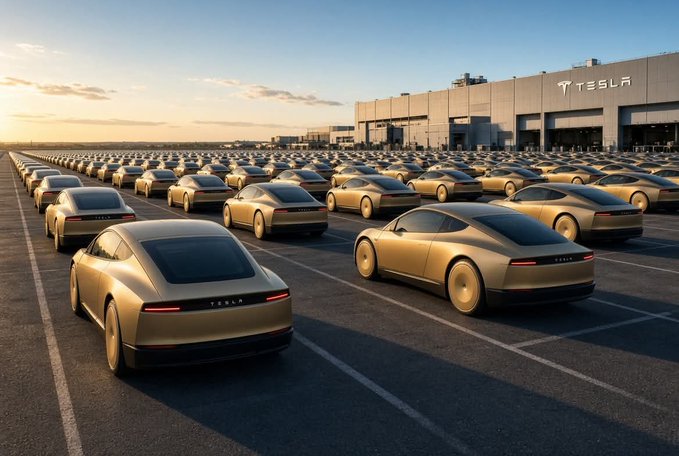 A large fleet of gold/bronze-colored Tesla vehicles parked in rows outside a Tesla manufacturing facility during sunset.