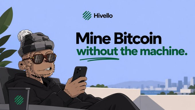 An advertisement for 'Hivello' featuring a pixel-art bear wearing a beanie and sunglasses looking at a phone, with the text 'Mine Bitcoin without the machine.' set against a blue sky and city skyline background.