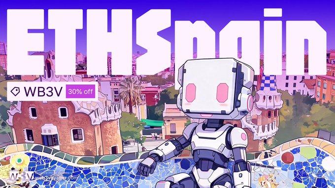 Promotional banner reading 'ETHSpain' featuring a white robot character, a 'WB3V 30% off' badge, and an architectural cityscape background.