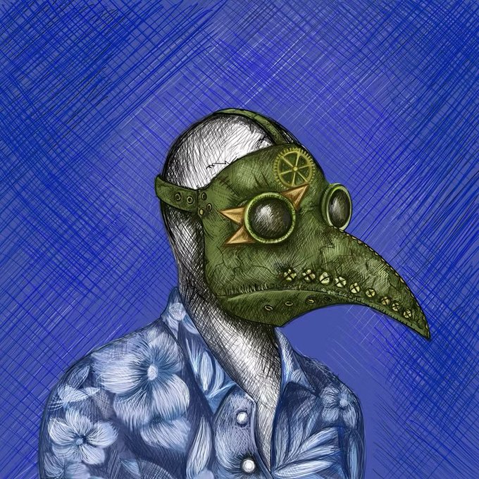 An illustration of a figure wearing a plague doctor-style mask with star-shaped eye coverings and a long beak, set against a blue crosshatched background.