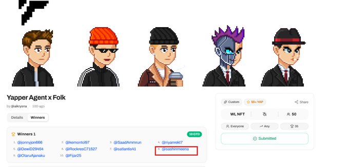 A webpage for 'Yapper Agent x Folk' NFT showing pixel art character portraits and a winners list with the username '@kazuhmmmama' highlighted in a red box.