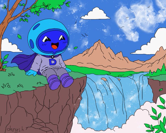 A cartoon illustration of a blue character in a superhero outfit with a 'D' on its chest sitting on a cliff overlooking a waterfall, signed by artist 'denys.h'.