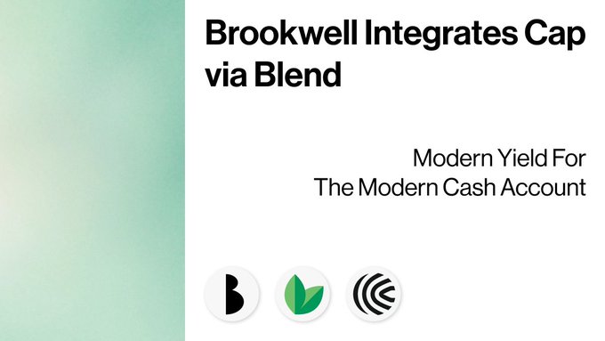 The image is a promotional graphic with a light green gradient background on the left, announcing "Brookwell Integrates Cap via Blend," with the tagline "Modern Yield For The Modern Cash Account" and logos for Brookwell, Cap, and Blend at the bottom. It visually supports the post's announcement of Brookwell partnering with Cap (via Blend) to bring covered-credit yield to its users' stablecoin savings accounts.