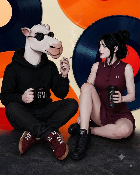 Digital illustration of an anthropomorphic sheep wearing sunglasses and a black hoodie holding a 'GM' mug, sitting next to a woman in a maroon Fred Perry dress holding a vape, with vinyl records in the background.