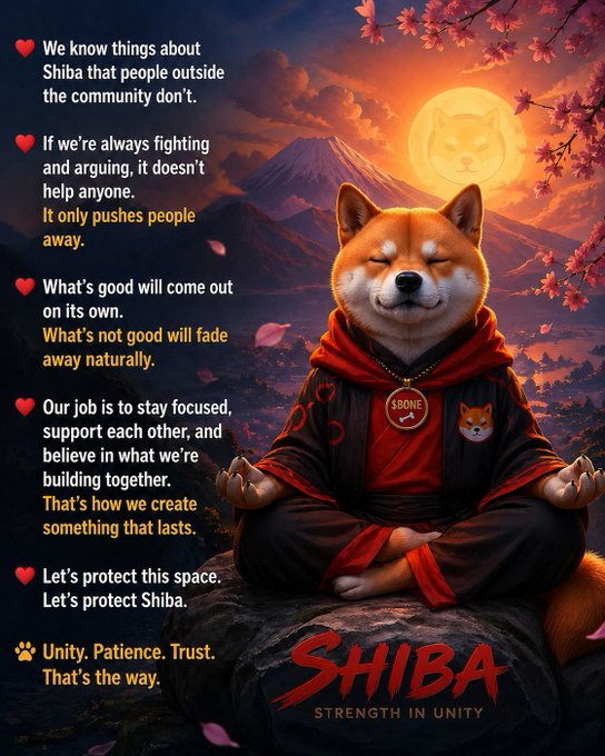 A spiritual-themed poster featuring a Shiba Inu dog in red monk robes meditating in front of Mount Fuji, with text about Shiba community unity and the phrase 'SHIBA - STRENGTH IN UNITY' at the bottom.
