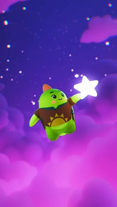 The image features a green stuffed animal with a brown hat holding a white star above its head. The background of the image is purple with clouds floating around. There are also some text elements present, such as "@sleepagotchi" and "@SLEEPschedule". The image seems to be related to a post about sleep schedules or digital collectibles, possibly featuring a character from a video game like Sleepagotchi.