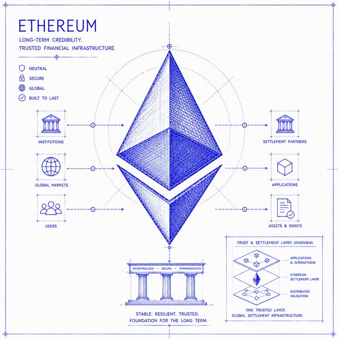 The image features a blue illustration of a pyramid-shaped cryptocurrency called Ethereum, which is the main focus of the post. The post emphasizes that following Ethereum can lead to increased credibility due to its long-term approach to security and decentralization. It also highlights the importance of trust in the blockchain technology and how it has been built over time through the efforts of developers and users.