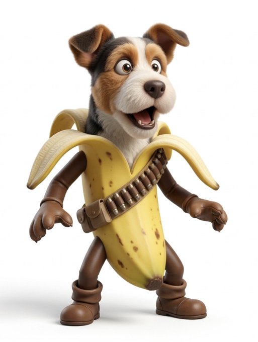 A 3D render of an anthropomorphic dog character wearing a banana costume complete with brown boots, gloves, and a bandolier, standing against a white background.