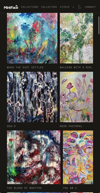 A screenshot of the MintFace NFT marketplace displaying a grid of colorful abstract artwork collections with titles including 'WHEN THE DUST SETTLES', 'WALKING WITH A BUR...', 'GEN-0', 'NEON PASTORAL', 'THE BLOOD OF MARTYRS', and 'YOU AM I'.