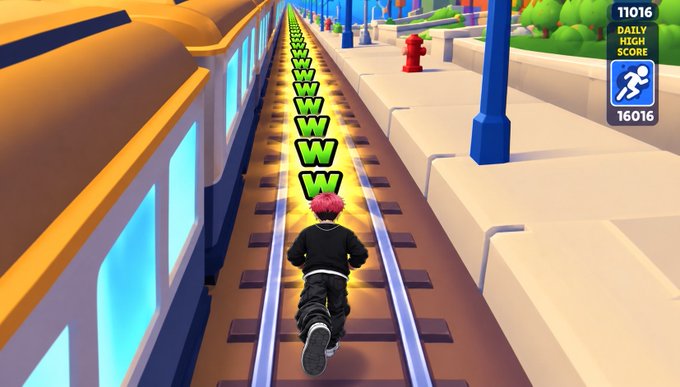 A mobile game screenshot shows a character running on train tracks collecting power-ups, displaying a daily high score of 16011.