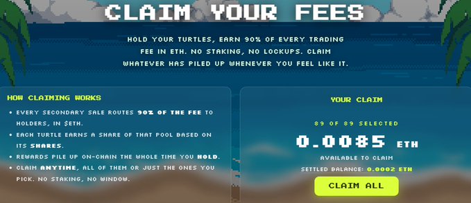 A digital interface screen titled 'CLAIM YOUR FEES' explaining how claiming works for trading fees in ETH, showing '0.0085 ETH' available to claim with a yellow 'CLAIM ALL' button.