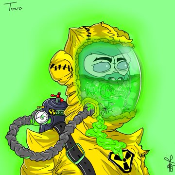 A digital illustration of a person in a yellow hazmat suit with a green-tinted visor, holding a radiation-sensing device, signed 'Toxic' in the corner.