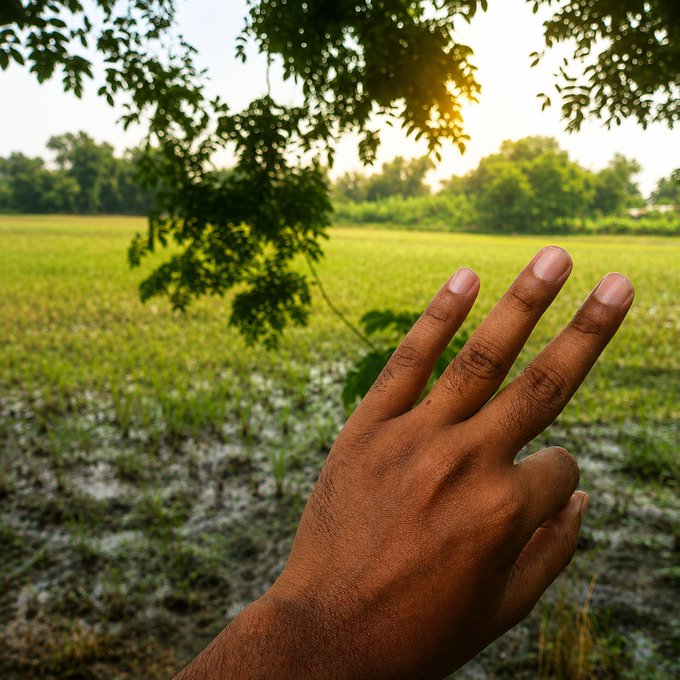 A close-up of a person's hand reaching out toward a green field with trees in the distance, backlit by sunlight.
