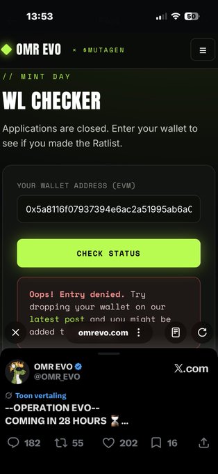 A mobile screenshot of the OMR EVO x MUTAGEN "WL Checker" page showing an "Entry denied" message for the wallet address 0x5a8116f07937394e6ac2a51995ab6aC, displayed above a tweet from OMR EVO announcing "OPERATION EVO" coming in 28 hours.